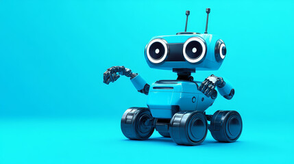 Poster - Modern blue robot with wheels, grippers and antenna is smiling happily, representing artificial intelligence, automation, and technological advancement