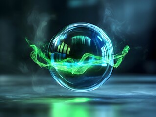 Poster - A mesmerizing glass orb surrounded by vibrant green smoke, representing the fusion of technology and nature in a dynamic and modern environment.