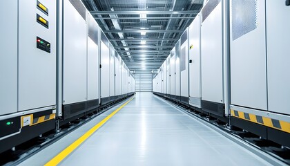 Poster - A modern data center corridor, showcasing rows of sleek server racks under bright, energy-efficient lighting