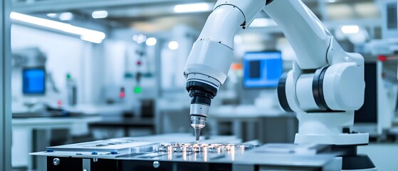 Poster - A robotic arm performs precise operations in a modern manufacturing facility showcasing advanced automation.