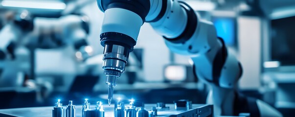 Poster - A robotic arm operates in a high-tech facility, showcasing automation and innovation in modern industry.