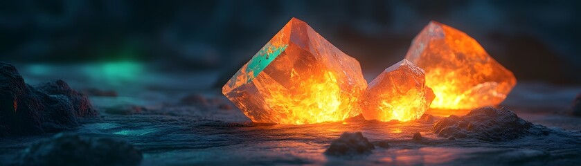 Poster - A stunning close-up of glowing crystals, radiating warm orange light against a dark, textured background