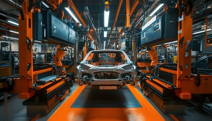 Poster - An advanced automotive manufacturing facility showcasing robotic arms and a partially assembled car. The vibrant orange and metallic tones create a dynamic industrial atmosphere.
