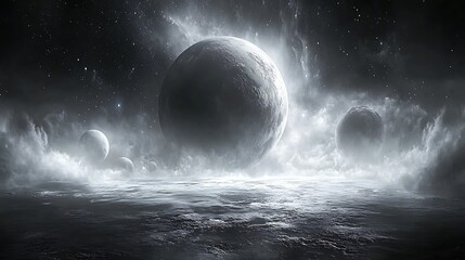 Poster - A dark landscape features planets amidst cloudy celestial formations