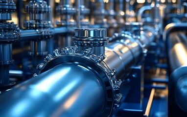Poster - Close-up of a metallic pipeline in a modern industrial facility showcasing intricate valves and connections.