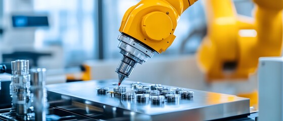 Poster - Close-up of an industrial robotic arm working on a precision metal component in a modern manufacturing facility.