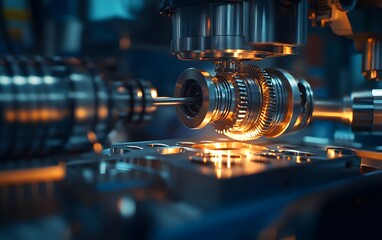 Poster - Close-up of precision machinery components illuminated by warm light, showcasing intricate details and craftsmanship.