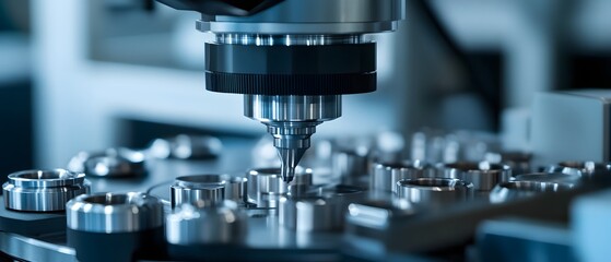 Poster - Close-up of precision machinery conducting fine operations on metal components in a modern manufacturing setting.