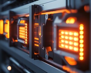 Poster - Close-up view of advanced data storage equipment illuminated with orange LED lights, highlighting the intricate design and cutting-edge technology in modern computing