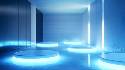 Poster - Futuristic interior with glowing blue platforms and modern design, showcasing a sleek and advanced atmosphere.