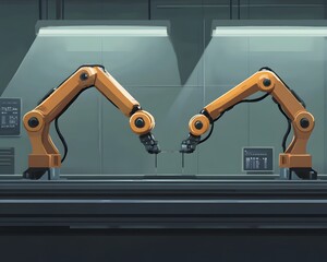 Poster - Two robotic arms working in a modern manufacturing facility, showcasing automation and technology in production.