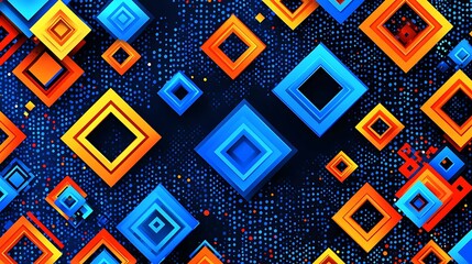 Poster - Colorful floating geometric squares against a dark dotted background