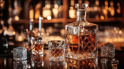 Poster - Luxurious bar counter featuring premium whiskey and crystal glasses in an elegant setting with warm ambient lighting Generative AI