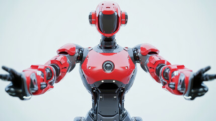 Poster - Red and grey robot standing with arms outstretched, showcasing its humanoid design and advanced technology, ready for automation and artificial intelligence tasks