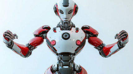 Poster - Red and grey robot standing with arms outstretched, showcasing its humanoid design and advanced technology, ready for automation and artificial intelligence tasks