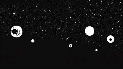 abstract cosmic scene featuring various celestial bodies against a starry black background