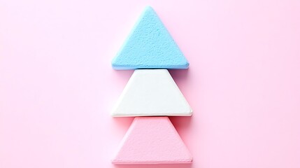 Poster - Three colorful triangular shapes stacked vertically on a pink background
