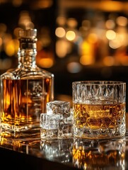 Poster - Luxurious bar counter with premium whiskey and crystal glasses in a cozy, elegant setting Generative AI