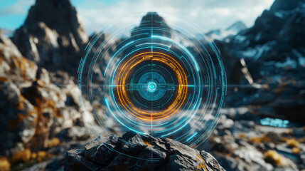 Poster - Futuristic aim pointer. Circle HUD user interface element, weapon collimator round aim, digital focus UI game asset. Vector accuracy symbols isolated set of screen game aim interface illustration