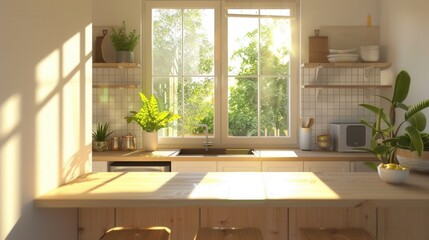 Aufkleber - Bright home kitchen with bar counter, natural light streaming through window and greenery enhancing the inviting atmosphere Generative AI
