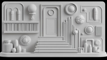 Poster - A white monochrome relief featuring geometric and organic objects