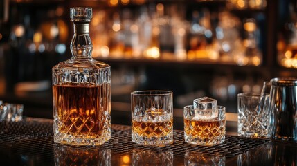 Poster - Indulge in luxury at a stylish bar counter featuring premium whiskey and crystal glasses in an inviting ambiance Generative AI