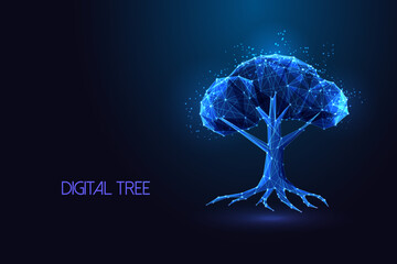 Sustainable digital tree with polygonal blue wireframe structure on dark blue background. ESG vector