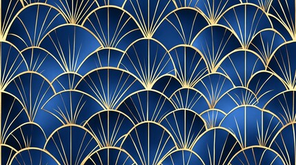 Aufkleber - Elegant gold line art deco pattern on deep blue background, luxurious design