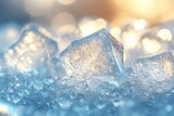 Ice cubes melting on crushed ice with bokeh background