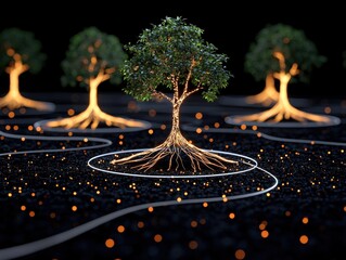 Poster - Digital tree adorned with glowing lights surrounded by a labyrinth of screens creating a unique display