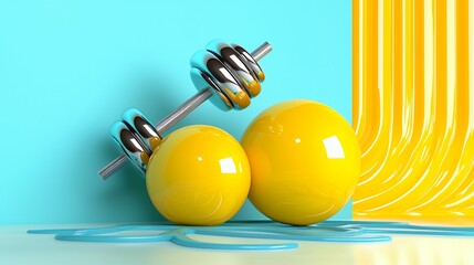 Poster - Abstract Chrome Dumbbells on Yellow Spheres, Minimalist Fitness Image