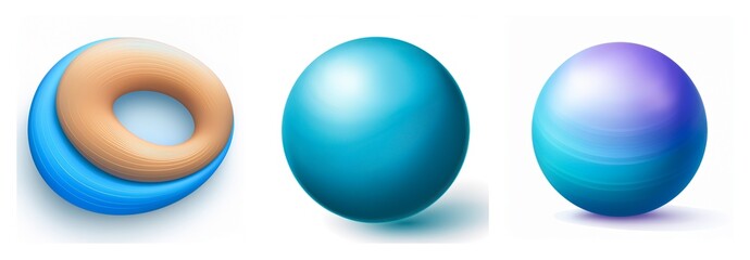 Aufkleber - Three geometric shapes: torus and spheres, are displayed with blue, orange and purple color gradients on a white background. Shapes.