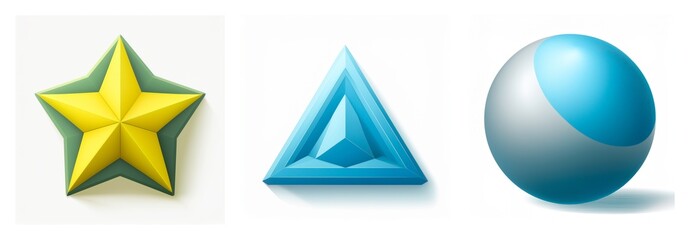 Aufkleber - Three geometric shapes: a yellow star with a green border, a blue triangle, and a light blue sphere are displayed on a white background.