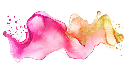 Wall Mural - one single pink and golden alcohol ink abstract splash stain isolated on white or transparent backgr