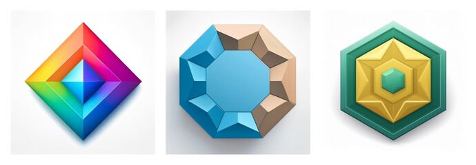 Aufkleber - Three stylized geometric shapes: a vibrant rainbow diamond, a faceted blue and beige octagon, and a layered green and gold hexagon, all with a 3D appearance.