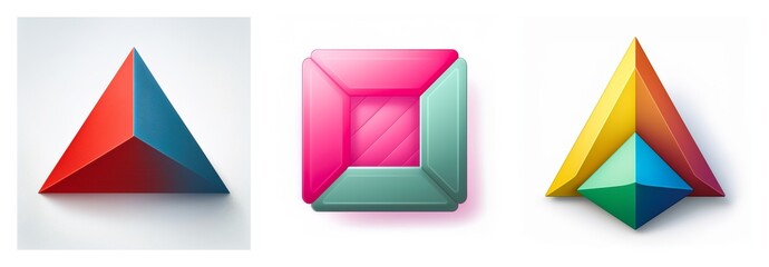 Aufkleber - Three colorful geometric shapes are displayed: two triangular prisms and one square prism, each with distinct color combinations and glossy finish.