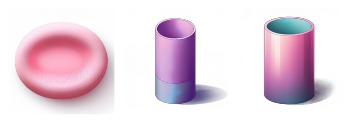Aufkleber - Three distinct geometrical shapes are presented: a flat disc, a two-toned cylinder, and a hollow cylinder.  Soft gradients and shadows define these simple Shapes.