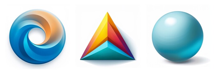 Aufkleber - Three dimensional shapes are displayed: a swirling torus with blue and orange hues, a colorful tetrahedron, and a light blue sphere, all on a white background.