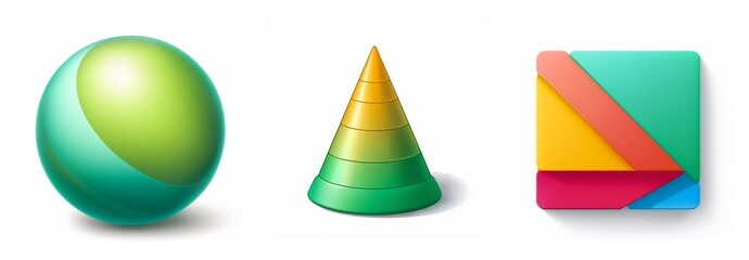 Aufkleber - Three dimensional shapes are displayed: a green sphere, a cone with yellow to green gradient, and a colorful square shape.