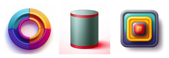 Aufkleber - Three dimensional shapes illustration. A segmented circle, a cylinder, and a layered square. Each shape is rendered with vibrant colors and smooth gradients.