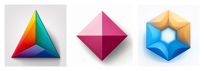Aufkleber - Three geometric shapes, a colorful triangle, pink rhombus, and blue gold hexagon, stand isolated on a white backdrop.