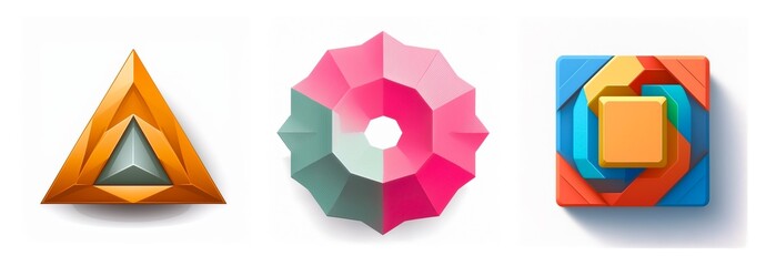 Aufkleber - Three different shapes are displayed, a triangle, a circle-like shape, and a square, each with unique colors and 3D effect.
