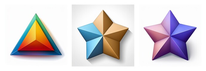 Aufkleber - A vibrant display of three dimensional shapes showcases a colorful triangle and two stars, each with unique color palettes, standing against a white background.