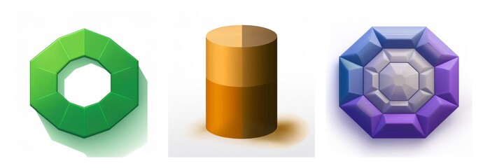 Aufkleber - Three different shapes are displayed: a green hollow octagon, a brown cylinder, and a purple faceted octagon, each with distinct styles and colors.