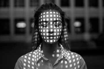 Poster - Contemplative Young Woman with Projected Light Patterns on Her Face in Black and White