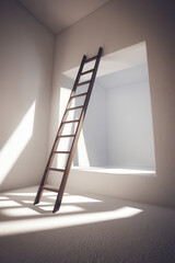 Poster - Serene Wooden Ladder Leaning Against Bright Window in Minimalist Room
