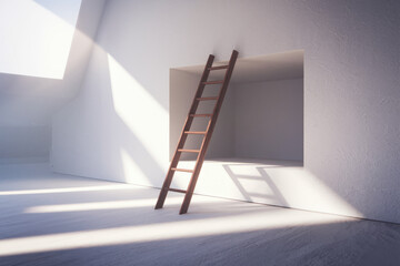 Poster - Minimalist Wooden Ladder Leaning Against a Brightly Lit Wall in an Open Space