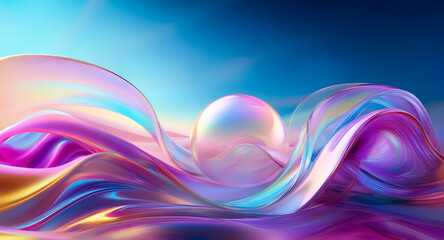 Aufkleber - An iridescent sphere gently rests upon flowing ribbons of vibrant colors, creating a dynamic and smooth visual texture against a soft blue backdrop.