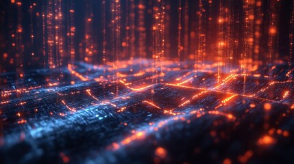 Poster - Digital Abstract Waves with Glowing Particles in Blue and Orange Hues