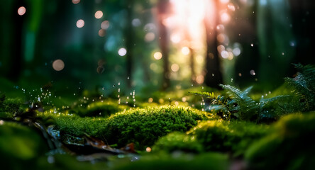 Canvas Print - lush green moss covers a forest floor, bathed in soft, magical bokeh lights filtering through trees.